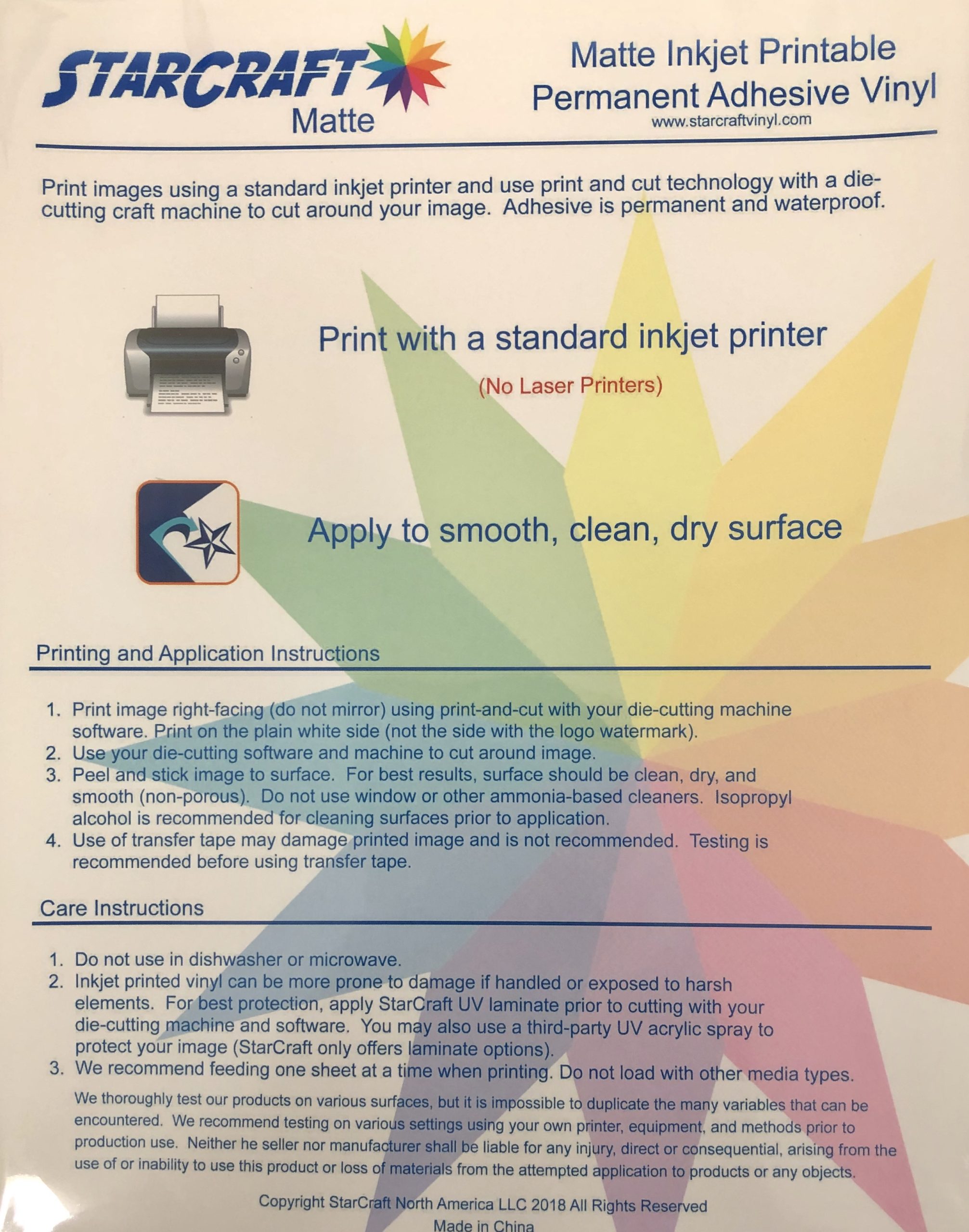 StarCraft Matte Inkjet Printable Permanent Adhesive Vinyl Central